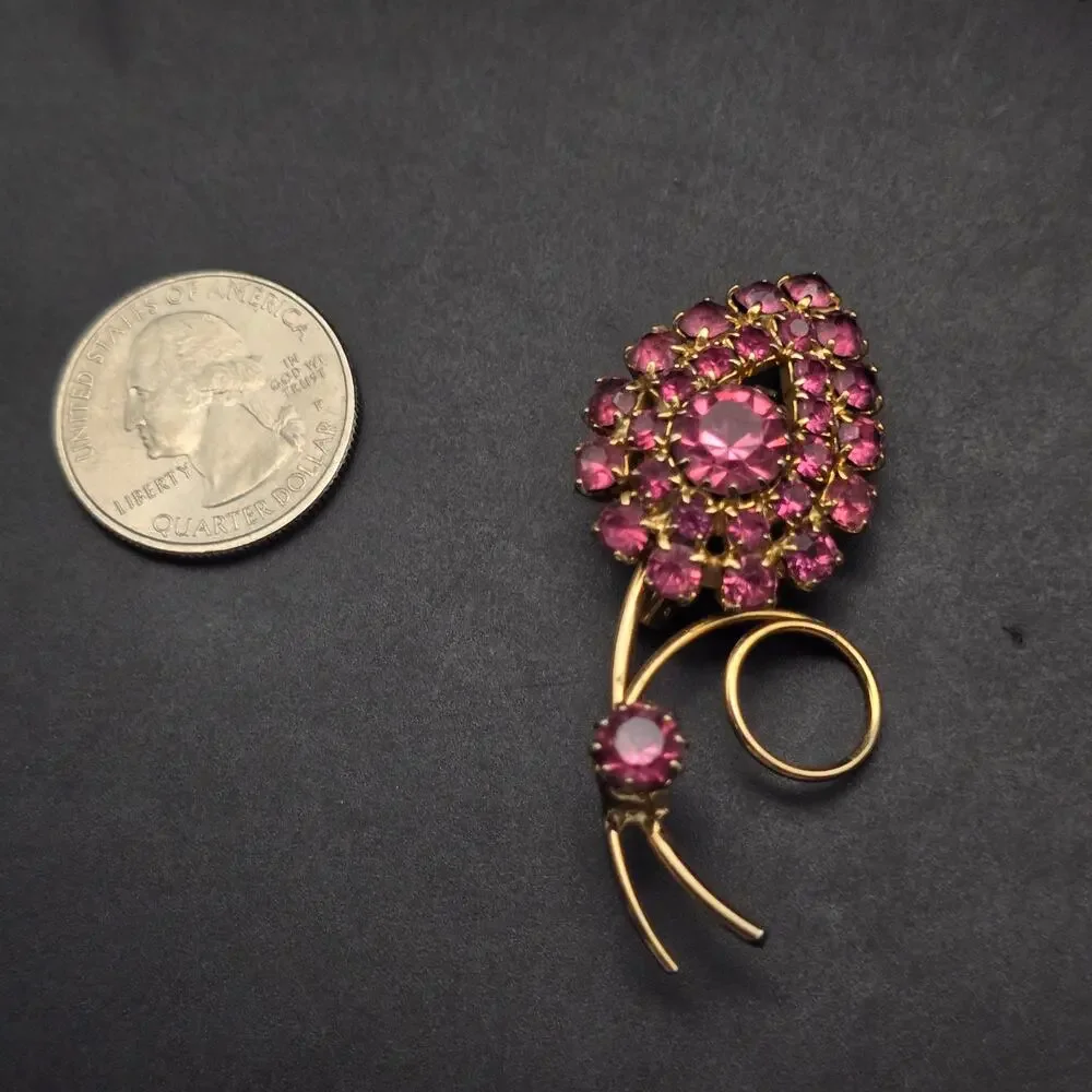 Vintage‎ Pink Rhinestone Flower Brooch Gold Tone Floral 1960s Glam Jewelry